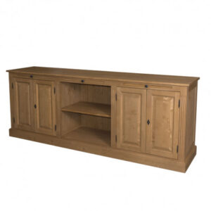 landelijke dressoir met deuren, openvakken en schuifplanken voor veel opbergruimte. Gemaakt van massief hout in de kleur warm eiken. Het kan op maat gemaakt worden. Villa Laura