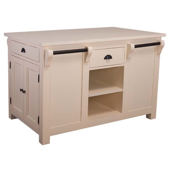 landelijke houten kookeiland/keukenblok met veel opbergruimte, openvakken, lades ophang mogelijkheden. de afmeting is 135x85x90 cm. Gemaakt van massief hout in de kleur licht roze. Het kan op maat gemaakt worden. Villa Laura
