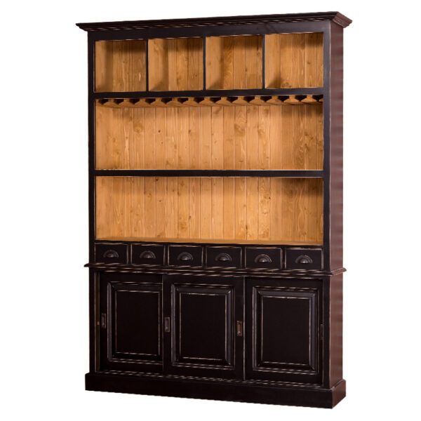 een groot landelijk drankkast/buffetkast/wijnkast. De kast heeft wijnglazenhouder/wijnglazenrek, laadjes en schuifdeuren. de kast is perfect om uw mooie flessen te etaleren. Gemaakt van massief hout eiken in de kleur zwart. de drankkast is 150 cm lang of het kan op maat gemaakt worden. Villa Laura