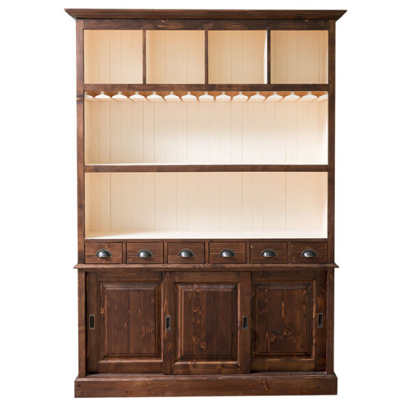 een groot landelijk drankkast/buffetkast/wijnkast. De kast heeft wijnglazenhouder/wijnglazenrek, laadjes en schuifdeuren. de kast is perfect om uw mooie flessen te etaleren. Gemaakt van massief hout eiken in de kleur kersen roodbruin hout. de drankkast is 150 cm lang of het kan op maat gemaakt worden. Villa Laura