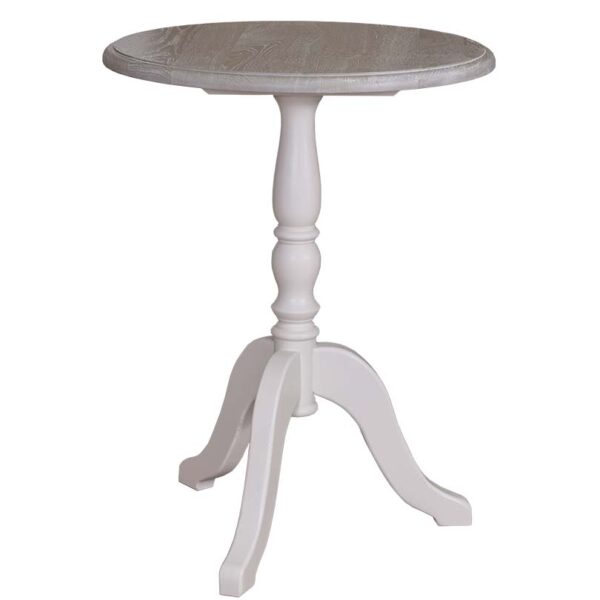 Landelijke, klassieke, extravagante ronde bijzettafel met een 3 poot. het blad heeft een diameter van 60 cm. Gemaakt van massief hout eiken. het blad is sand/white wash en het onderstel wit. Het kan op maat gemaakt worden. Villa Laura