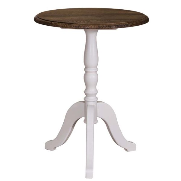 Landelijke, klassieke, extravagante ronde bijzettafel met een 3 poot. het blad heeft een diameter van 60 cm. Gemaakt van massief hout eiken. het blad is bruin en het onderstel wit. Het kan op maat gemaakt worden. Villa Laura
