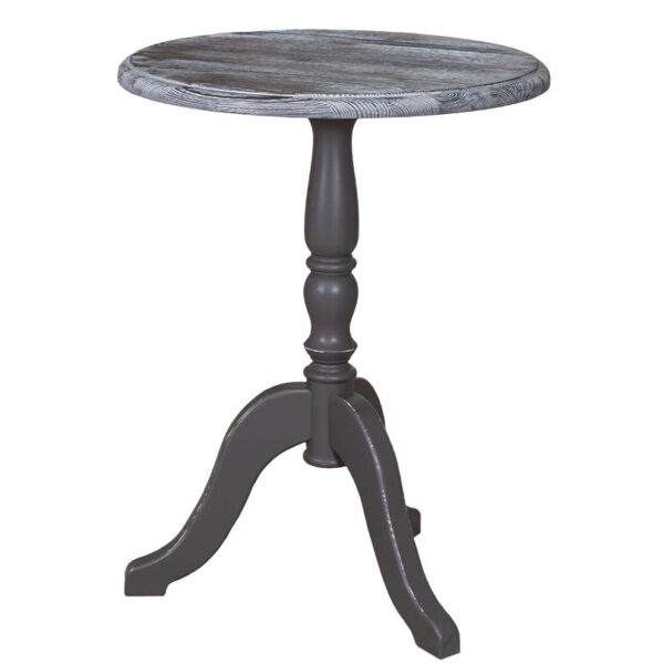 Landelijke, klassieke, extravagante ronde bijzettafel met een 3 poot. het blad heeft een diameter van 60 cm. Gemaakt van massief hout eiken. het blad is grijs en het onderstel antraciet. Het kan op maat gemaakt worden. Villa Laura