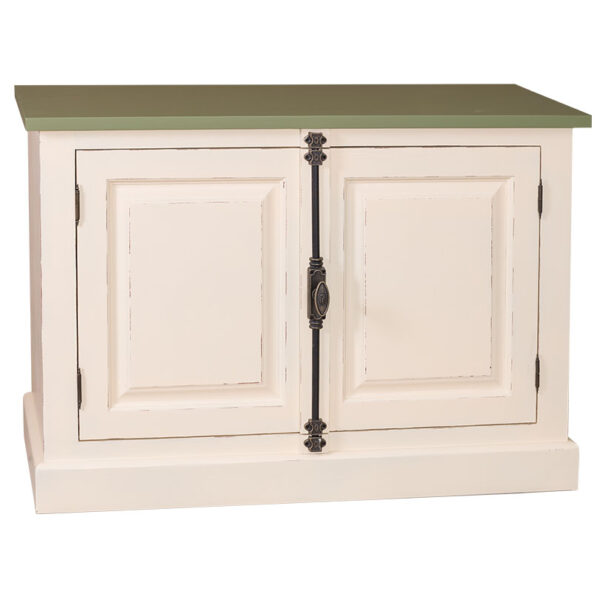 landelijk dressoir met 2 deuren. gemaakt van massief hout in de kleur beige met een groene eiken blad. kan op maat gemaakt worden. Villa Laura.