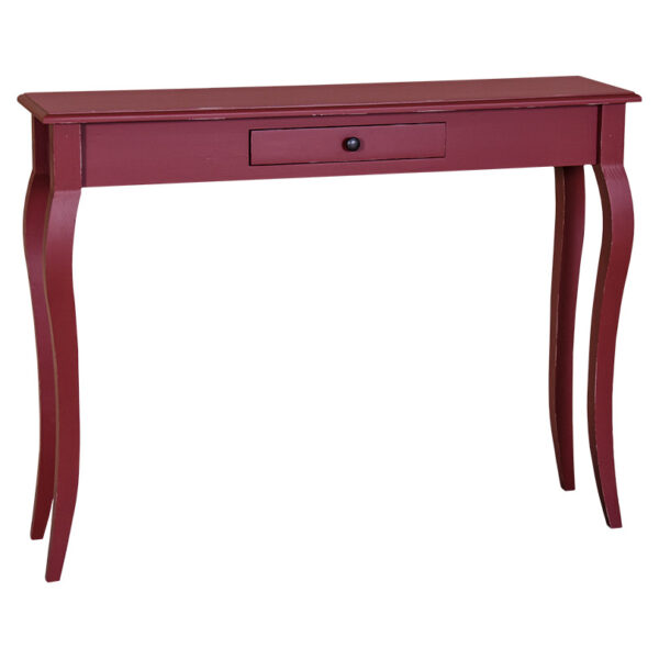 Brocante Sidetable met in het midden één lade. Gemaakt van massief hout in de kleur bordeaux rood. De lade gaat open door middel van een komgreep. De kast kan op verschillende manieren geverfd worden in verschillende kleuren en kan op maat gemaakt worden. Villa Laura
