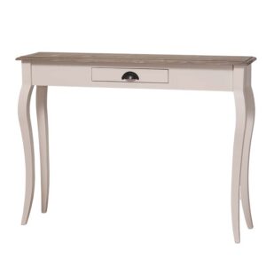 Brocante Sidetable met in het midden één lade. Gemaakt van massief hout in de kleur roomwit, tarwe. De kleur van het blad is waterafstotend finish grijs. De lade gaat open door middel van een komgreep. De kast kan op verschillende manieren geverfd worden in verschillende kleuren en kan op maat gemaakt worden. Villa Laura
