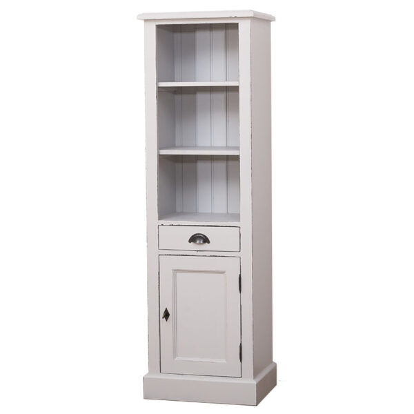 landelijk klassieke modern boekenkast met lade en deur. de planken in de kast zijn verstelbaar. Gemaakt van massief hout eiken in de kleur gebroken wit. Het kan op maat gemaakt worden. Villa Laura