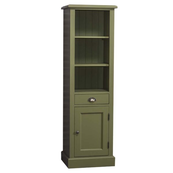 landelijk klassieke modern boekenkast met lade en deur. de planken in de kast zijn verstelbaar. Gemaakt van massief hout eiken in de kleur mosgroen, groen, olijfgroen. Het kan op maat gemaakt worden. Villa Laura