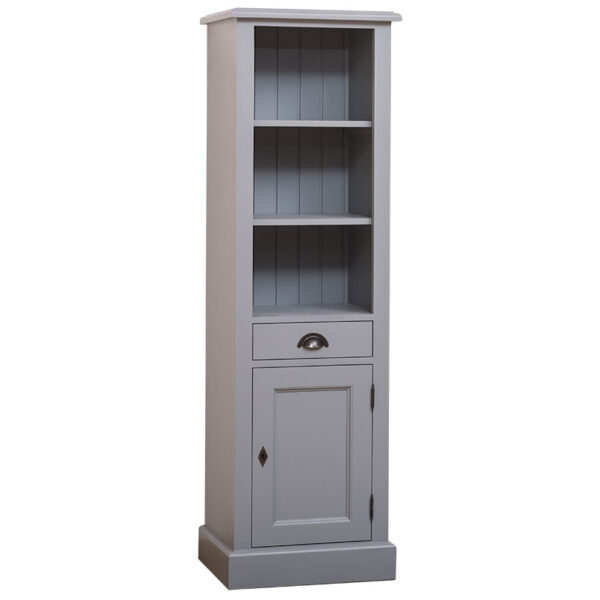landelijk klassieke modern boekenkast met lade en deur. de planken in de kast zijn verstelbaar. Gemaakt van massief hout eiken in de kleur ijsgrijs. Het kan op maat gemaakt worden. Villa Laura