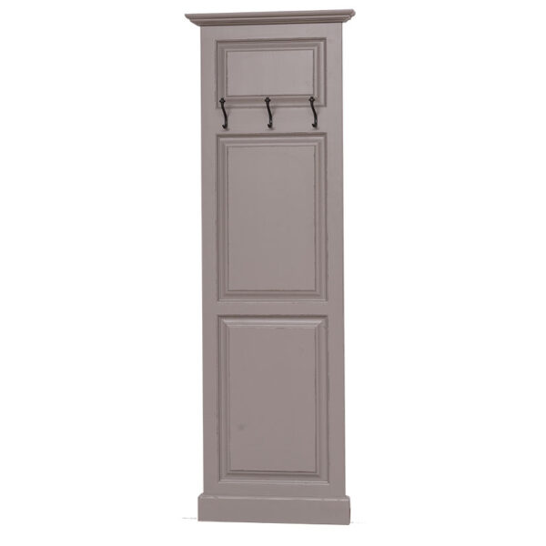 Landelijke wandhalmeubel/wandkapstok met drie haken. Gemaakt van massief eiken hout in de kleur taupe. Het wandhalmeubel kan op verschillende manieren geverfd worden in verschillende kleuren en kan op maat gemaakt worden. Villa Laura