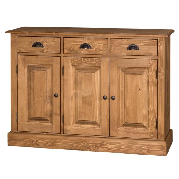 Landelijke, klassieke, extravagante dressoir met 3 kastjes en 3 lades voor opbergruimte. Gemaakt van massief hout eiken in de kleur wax finish bruin. De kast kan op verschillende manieren geverfd worden in verschillende kleuren en kan op maat gemaakt worden. Villa Laura