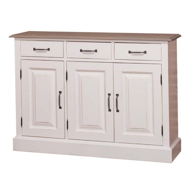 Landelijke, klassieke, extravagante dressoir met 3 kastjes en 3 lades voor opbergruimte. Gemaakt van massief hout eiken in de kleur wit. Het blad van de kast is in de kleur olie lichtgrijs greywash. De kast kan op verschillende manieren geverfd worden in verschillende kleuren en kan op maat gemaakt worden. Villa Laura