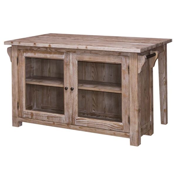 Landelijk kookeiland met bartafel en vitrinekastje. Gemaakt van massief eiken hout in de kleur naturel whitewash. Het meubel kan op verschillende manieren geverfd worden in verschillende kleuren en kan op maat gemaakt worden. Villa Laura