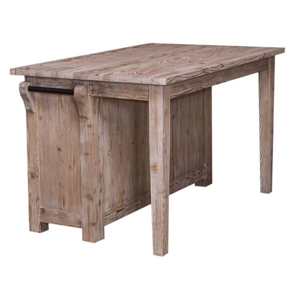 Landelijk kookeiland met bartafel en vitrinekastje. Gemaakt van massief eiken hout in de kleur naturel whitewash. Het meubel kan op verschillende manieren geverfd worden in verschillende kleuren en kan op maat gemaakt worden. Villa Laura