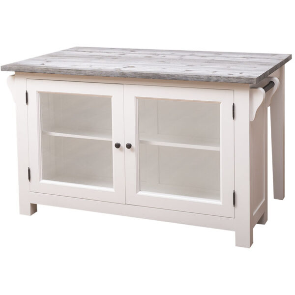 Landelijk kookeiland met bartafel en vitrinekastje. Gemaakt van massief eiken hout in de kleur wit met grijs. Het meubel kan op verschillende manieren geverfd worden in verschillende kleuren en kan op maat gemaakt worden. Villa Laura