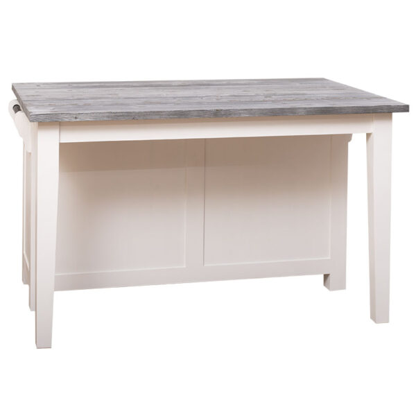 Landelijk kookeiland met bartafel en vitrinekastje. Gemaakt van massief eiken hout in de kleur wit met grijs. Het meubel kan op verschillende manieren geverfd worden in verschillende kleuren en kan op maat gemaakt worden. Villa Laura