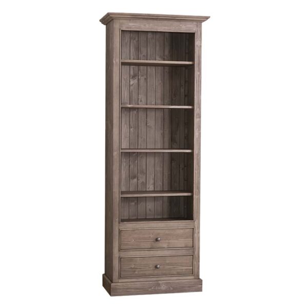 Landelijke langwerpige boekenkast met vijf vakken en twee lades onder elkaar. Gemaakt van massief eiken hout in de kleur bruin eiken. Het meubel kan op verschillende manieren geverfd worden in verschillende kleuren en kan op maat gemaakt worden. Villa Laura