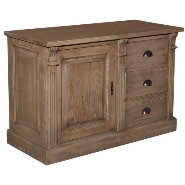 Landelijke dressoir met een deur en lades voor opbergruimte. Het dressoir heeft onder 1 deur en 3 lades onder elkaar. Gemaakt van massief eiken hout in de kleur warm bruin eiken. Het meubel kan op verschillende manieren geverfd worden in verschillende kleuren en kan op maat gemaakt worden. Villa Laura