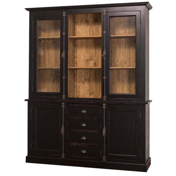 Landelijke buffetkast met deuren, lades en open vakken voor opbergruimte. Gemaakt van massief eiken hout in de kleur zwart met een naturel eiken binnenkant. Het meubel kan op verschillende manieren geverfd worden in verschillende kleuren en kan op maat gemaakt worden. Villa Laura