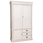 Landelijke kledingkast met twee grote deuren, een kleine deur en drie lades. Gemaakt van massief eiken hout in de kleur beige met wit. Het meubel kan op verschillende manieren geverfd worden in verschillende kleuren en kan op maat gemaakt worden. Villa Laura