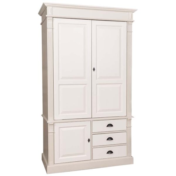 Landelijke kledingkast met twee grote deuren, een kleine deur en drie lades. Gemaakt van massief eiken hout in de kleur beige met wit. Het meubel kan op verschillende manieren geverfd worden in verschillende kleuren en kan op maat gemaakt worden. Villa Laura