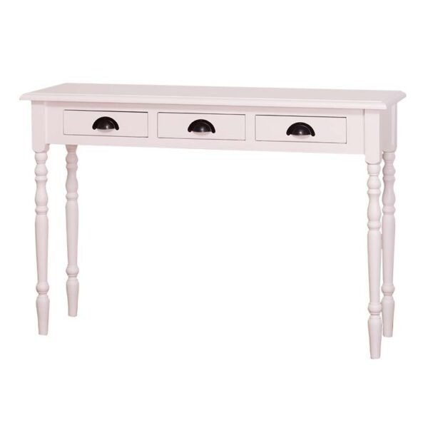 Landelijke side table met 3 lades. Gemaakt van massief hout in de kleur wit. De side table kan op verschillende manieren geverfd worden in verschillende kleuren en kan op maat gemaakt worden. Villa Laura