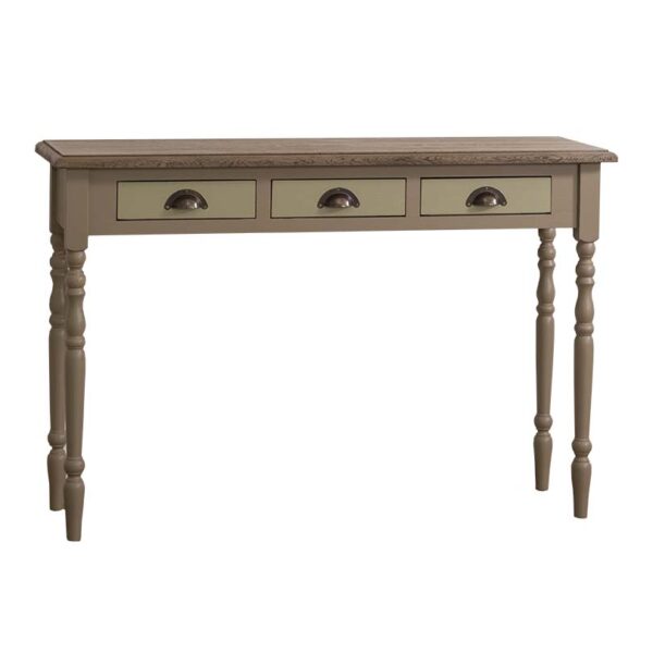 Landelijke side table met 3 lades. Gemaakt van massief hout in de kleur brons. Het blad is in de kleur koffie en de lades zijn olijfbruin. De side table kan op verschillende manieren geverfd worden in verschillende kleuren en kan op maat gemaakt worden. Villa Laura