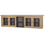 Landelijke boven kast met vier deuren en een open vak. De deuren hebben in het midden glas en in de bovenkast zit een plank. Gemaakt van massief eiken hout in de kleur donker geel met een grijze binnenkant. Het meubel kan op verschillende manieren geverfd worden in verschillende kleuren en kan op maat gemaakt worden. Villa Laura