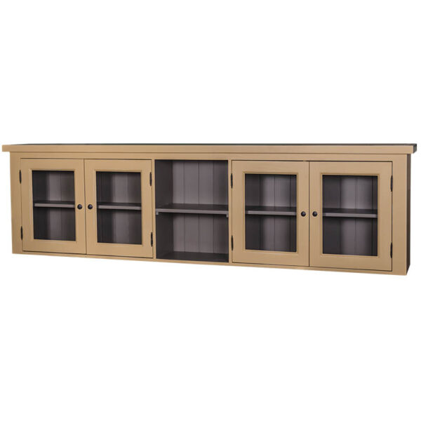 Landelijke boven kast met vier deuren en een open vak. De deuren hebben in het midden glas en in de bovenkast zit een plank. Gemaakt van massief eiken hout in de kleur donker geel met een grijze binnenkant. Het meubel kan op verschillende manieren geverfd worden in verschillende kleuren en kan op maat gemaakt worden. Villa Laura