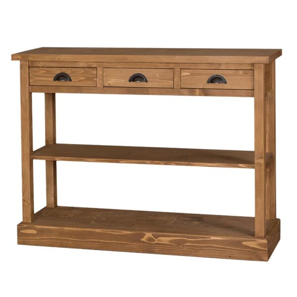 Landelijke side table met drie lades en twee planken. Gemaakt van massief eiken hout in de kleur naturel. Het meubel kan op verschillende manieren geverfd worden in verschillende kleuren en kan op maat gemaakt worden. Villa Laura