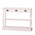 Landelijke side table met drie lades en twee planken. Gemaakt van massief eiken hout in de kleur wit. Het meubel kan op verschillende manieren geverfd worden in verschillende kleuren en kan op maat gemaakt worden. Villa Laura