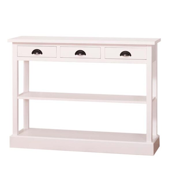 Landelijke side table met drie lades en twee planken. Gemaakt van massief eiken hout in de kleur wit. Het meubel kan op verschillende manieren geverfd worden in verschillende kleuren en kan op maat gemaakt worden. Villa Laura