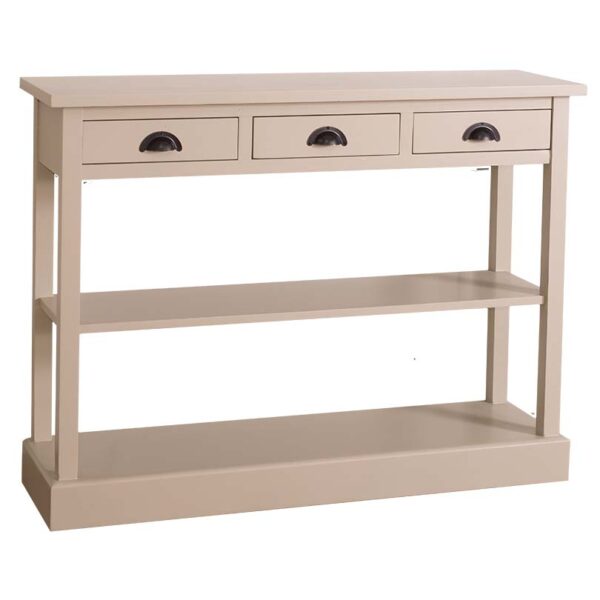 Landelijke side table met drie lades en twee planken. Gemaakt van massief eiken hout in de kleur beige. Het meubel kan op verschillende manieren geverfd worden in verschillende kleuren en kan op maat gemaakt worden. Villa Laura