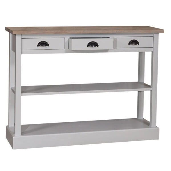 Landelijke side table met drie lades en twee planken. Gemaakt van massief eiken hout in de kleur grijs met bruin eiken blad. Het meubel kan op verschillende manieren geverfd worden in verschillende kleuren en kan op maat gemaakt worden. Villa Laura