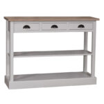 Landelijke houten side table, winkeldisplay met drie lades en twee planken. Gemaakt van massief eiken hout in de kleur grijs met bruin eiken blad. Het meubel kan op verschillende manieren geverfd worden in verschillende kleuren en kan op maat gemaakt worden. Villa Laura