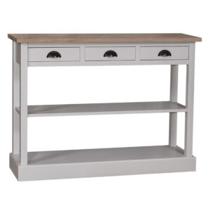 Landelijke houten side table, winkeldisplay met drie lades en twee planken. Gemaakt van massief eiken hout in de kleur grijs met bruin eiken blad. Het meubel kan op verschillende manieren geverfd worden in verschillende kleuren en kan op maat gemaakt worden. Villa Laura