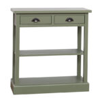 Landelijke smalle side table met twee lades en twee planken. Gemaakt van massief eiken hout in de kleur groen, olijfgroen. Het meubel kan op verschillende manieren geverfd worden in verschillende kleuren en kan op maat gemaakt worden. Villa Laura