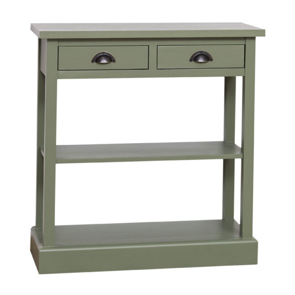 Landelijke smalle side table met twee lades en twee planken. Gemaakt van massief eiken hout in de kleur groen, olijfgroen. Het meubel kan op verschillende manieren geverfd worden in verschillende kleuren en kan op maat gemaakt worden. Villa Laura