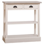 Landelijke smalle side table met twee lades en twee planken. Gemaakt van massief eiken hout in de kleur beige met bruin. Het meubel kan op verschillende manieren geverfd worden in verschillende kleuren en kan op maat gemaakt worden. Villa Laura