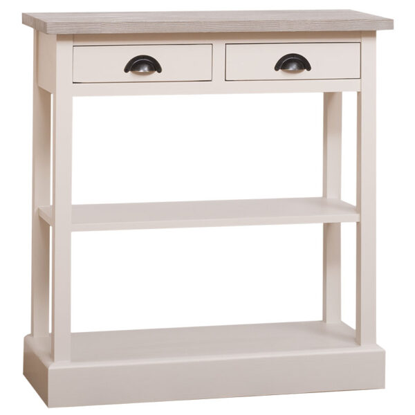 Landelijke smalle side table met twee lades en twee planken. Gemaakt van massief eiken hout in de kleur beige met bruin. Het meubel kan op verschillende manieren geverfd worden in verschillende kleuren en kan op maat gemaakt worden. Villa Laura
