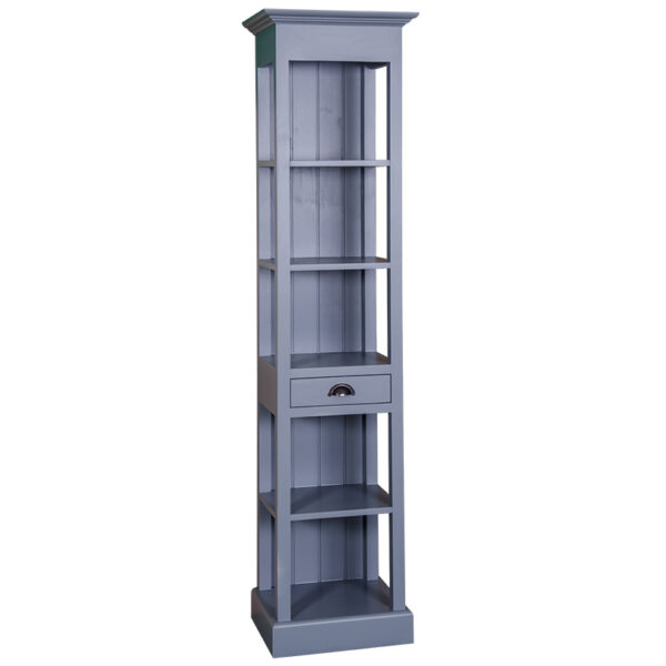 Landelijke boekenkast met vijf open vakken en een lade. Gemaakt van massief eiken hout in de kleur blauw. Het meubel kan op verschillende manieren geverfd worden in verschillende kleuren en kan op maat gemaakt worden. Villa Laura