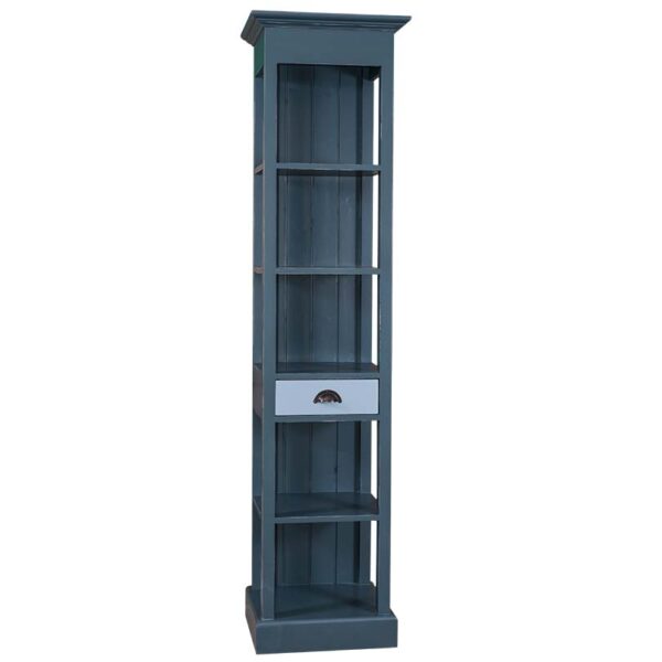 Landelijke boekenkast met vijf open vakken en een lade. Gemaakt van massief eiken hout in de kleur groen met blauw. Het meubel kan op verschillende manieren geverfd worden in verschillende kleuren en kan op maat gemaakt worden. Villa Laura