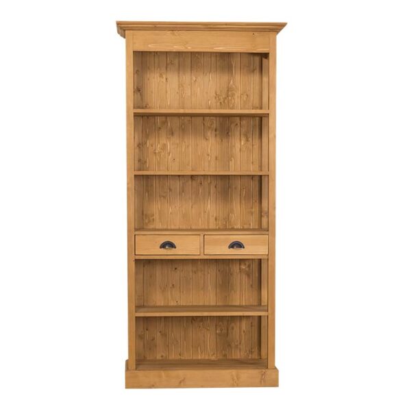 Landelijke boekenkast met vijf open vakken en twee lades. Gemaakt van massief eiken hout in de kleur naturel. Het meubel kan op verschillende manieren geverfd worden in verschillende kleuren en kan op maat gemaakt worden. Villa Laura
