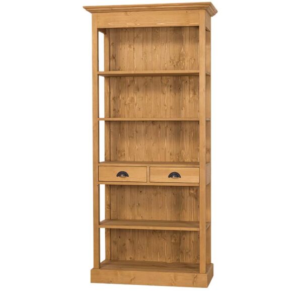 Landelijke boekenkast met vijf open vakken en twee lades. Gemaakt van massief eiken hout in de kleur naturel. Het meubel kan op verschillende manieren geverfd worden in verschillende kleuren en kan op maat gemaakt worden. Villa Laura