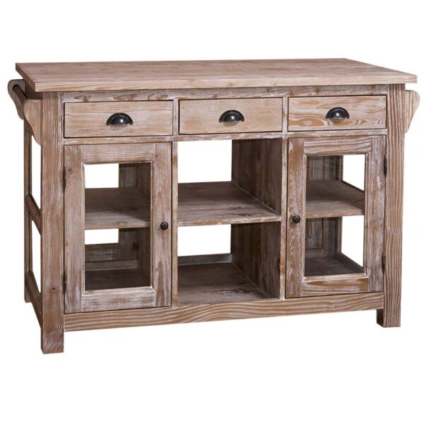 Landelijk houten kookeiland/keukenblok met deuren, lades en open vakken. Gemaakt van massief eiken hout in de kleur bruin eiken whitewash. Het meubel kan op verschillende manieren geverfd worden in verschillende kleuren en kan op maat gemaakt worden. Villa Laura