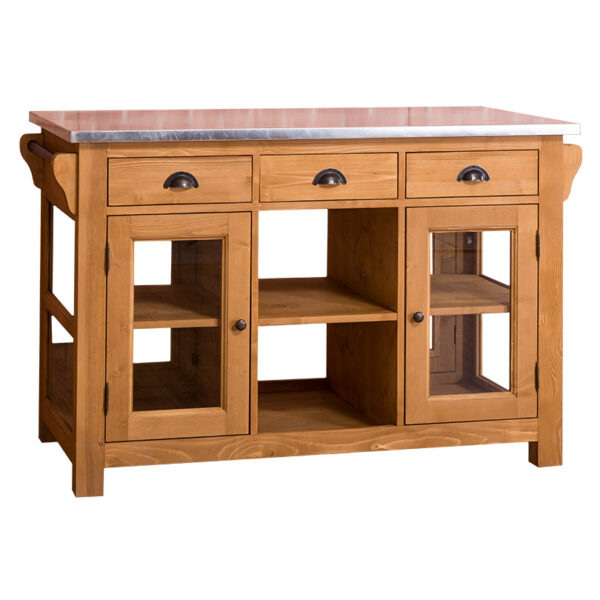 Landelijk houten kookeiland/keukenblok met deuren, lades en open vakken. Gemaakt van massief eiken hout in de kleur naturel met zinken blad. Het meubel kan op verschillende manieren geverfd worden in verschillende kleuren en kan op maat gemaakt worden. Villa Laura