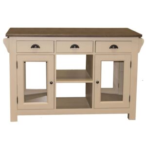 Landelijk houten kookeiland/keukenblok met deuren, lades en open vakken. Gemaakt van massief eiken hout in de kleur groen met bruin. Het meubel kan op verschillende manieren geverfd worden in verschillende kleuren en kan op maat gemaakt worden. Villa Laura
