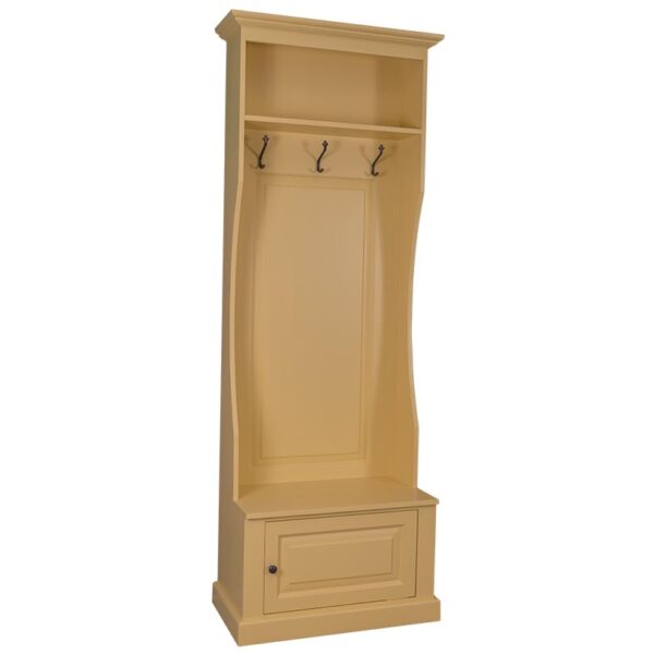 Landelijk halmeubel/kapstok met bankje met 3 haken, 1 plank en een kastje. Gemaakt van massief eiken hout in de kleur zandgeel, geel. De halmeubel kan op verschillende manieren geverfd worden in verschillende kleuren en kan op maat gemaakt worden. Villa Laura