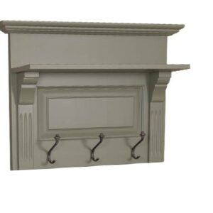 Landelijke kapstok met drie haken en een smalle plank. Gemaakt van massief eiken hout in de kleur mosgroen. De kapstok kan op verschillende manieren geverfd worden in verschillende kleuren en kan op maat gemaakt worden. Villa Laura