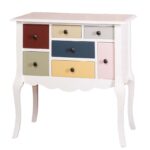 Speels brocante ladekast met 7 verschillende formaten vakken voor opbergruimte. Gemaakt van massief eiken hout in de kleur licht zalm roze met vakken in kleuren: rood, geel, bruin, blauw en grijs. Het meubel kan op verschillende manieren geverfd worden in verschillende kleuren en kan op maat gemaakt worden. Villa Laura